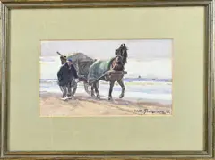 Strandjutter met paardenkar by Jan Willem Sluiter, Aquarel op papier, sold Apr 2026
