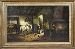 C. Verschuur, Stal-interieur met paarden, Olieverf op linnen