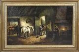 C. Verschuur, Stal-interieur met paarden, Olieverf op linnen
