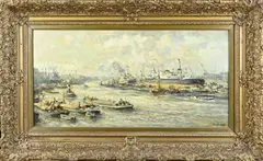 Evert Moll, Havengezicht Rotterdam, Olieverf op linnen