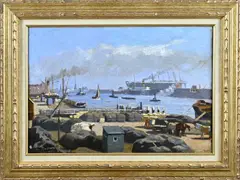 G.J. van Overbeek, Havengezicht Rotterdam, Olieverf op linnen