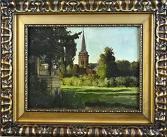 Pieter Oyens, Landschap met kerkgezicht, Olieverf op paneel