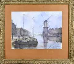 Willem Rip, . Hollandse haven met windmolen, Aquarel op papier