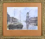 Willem Rip, . Hollandse haven met windmolen, Aquarel op papier