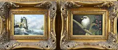 2x Olieverfschilderij, Winter + Vogel op tak, 2x Olieverfschilderij