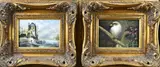 2x Olieverfschilderij, Winter + Vogel op tak, 2x Olieverfschilderij