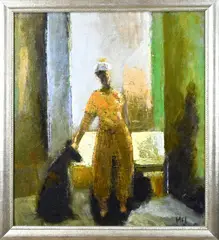 Han Mes, Figuur met hond, Olieverf op linnen