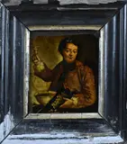 18e - 19e Eeuws achter-glas-schilderij, Jongeman met druiven en witte wijn, Olieverf op glas