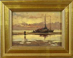 A.J. Balyon, Bomschuiten op strand, Olieverf op paneel