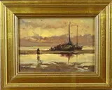 A.J. Balyon, Bomschuiten op strand, Olieverf op paneel