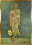 Rosendo Alvarez Cortés, 1961 -, Dame met vaas en bloem, Acryl op linnen