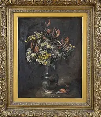 Theo Goedvriend, Steengoed vaas met bloemen, Olieverf op board