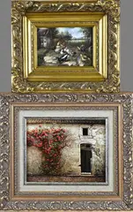 2x Schilderij, Muur met bloesem + Pluimvee, Olieverf op paneel