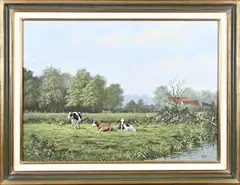 J. Droog, Koeien in landschap, Olieverf op linnen