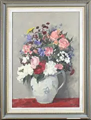 A. Potgieter, Aardewerken schenkkan met bloemen, Olieverf op linnen