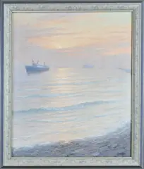 Henk Dekker, Vrachtschepen bij pier, Olieverf op linnen
