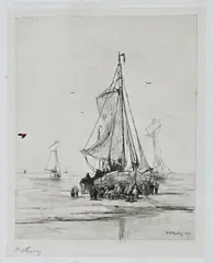 Scheveningse bomschuit op strand by Hendrik Willem Mesdag, Ets H.W, sold Apr 2026