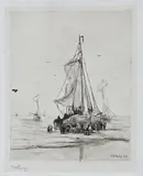 Hendrik Willem Mesdag, Scheveningse bomschuit op strand, Ets H.W
