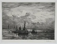 Scheveningse visserboten voor anker by Hendrik Willem Mesdag, Ets H.W, sold Apr 2026