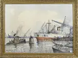 Wim Bos, Haven Rotterdam, Gemengde techniek op papier