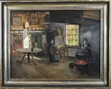 J.M. Tibbe, Twents interieur met boerinnen, Olieverf op linnen