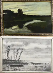 2x A.G. Hulshoff Pol, Avondstemming + Plasgezicht Loosdrecht, 1x Avondstemming, olieverf op linnen