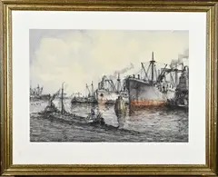 Havengezicht Rotterdam by Wim Bos, Gemengde techniek op papier, sold Apr 2026