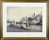Wim Bos, Havengezicht Rotterdam, Gemengde techniek op papier