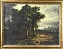 H. Vogel, Landschap figuur en hond, Olieverf op linnen