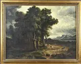 H. Vogel, Landschap figuur en hond, Olieverf op linnen