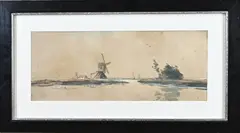 M. de Jongere, Poldergezicht met windmolen, Aquarel op papier