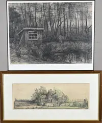 Twee Twentse kunstwerken, Houten schuur + Boerderij, Zwarte inkt