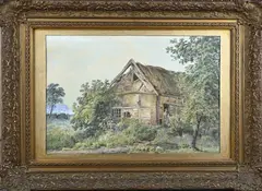 J. Renshuis, Figuren bij vakwerk-schuur, Aquarel op papier