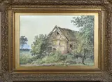 J. Renshuis, Figuren bij vakwerk-schuur, Aquarel op papier