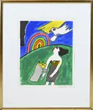 Guilliaume Corneille, Dame met hond en duif, Zeefdruk op papier