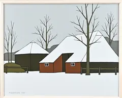 Klaas Bernink, Besneeuwde boerderij Markelo, Acryl op linnen