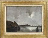 Leendert van der Vlist, Haven bij maanlicht, Olieverf op paneel