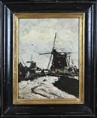 Victor Bauffe, Hollands wintergezicht met windmolens, Olieverf op linnen