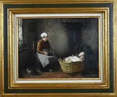 Boeren interieur met moeder en kind by Lammert van der Tonge, Olieverf op linnen, sold Jan 2026