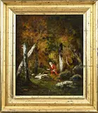 Boslandschap met jager en honden by Camille Magnus Fontainebleau, Olieverf op paneel, sold Jan 2026