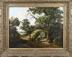 J.C. Janse, Romantisch landschap met figuren, 1860, Olieverf op paneel