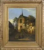 Ongesigneerd? 19e Eeuw, Processie in dorp, Olieverf op paneel