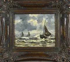 Cornelis de Bruin, Bomschuiten op volle zee, Olieverf op paneel