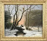 Düsseldorf Carl Schultze, Hert in winters landschap, Olieverf op paneel