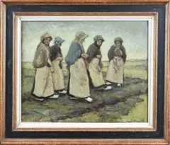 Cees Bolding, Vrouwen op kade, Olieverf op paneel