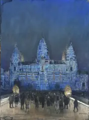 Figuren bij kerkingang bij nacht by Herman Heijenbrock, Pastel op papier, sold Jan 2026