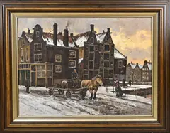 J. van Dijk, Winters stadsgezicht, Olieverf op linnen