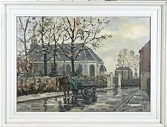 Clement Bezemer, Kerkdorp met paard en wagen, Olieverf op linnen