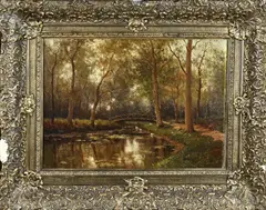 Bosbeek met brug en eenden by George Frederik Teijssen, Olieverf op linnen, sold Jan 2026