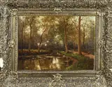 George Frederik Teijssen, Bosbeek met brug en eenden, Olieverf op linnen